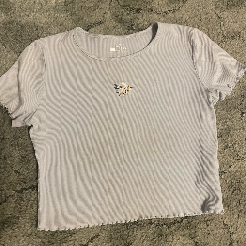 Violet color, white floral embroidery on front, short sleeve, crop tee.
